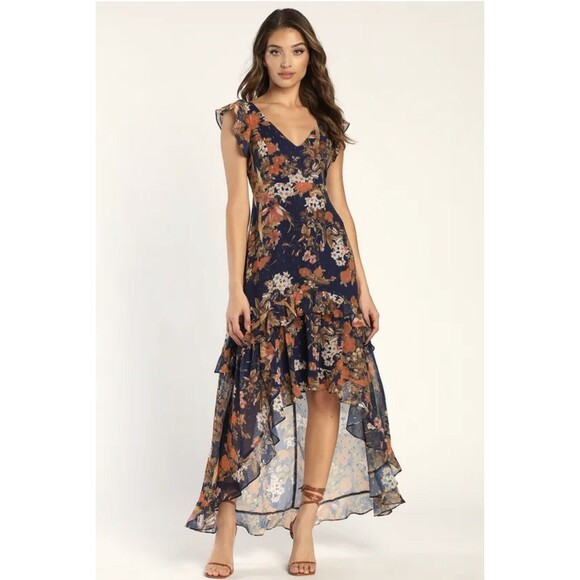 Lulus Dresses & Skirts - Lulus Maxi Dress Womens Navy Blue Stunning Favorite Floral Ruffled High-Low M